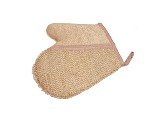 Мочалка-рукавица из китайской крапивы на белом фоне