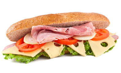 submarine bran baguette sandwich with vegetables, cheese and mea