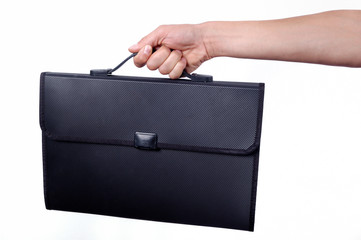 hand holding briefcase isolated