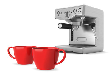 two red cups and coffee machine isolated on white background