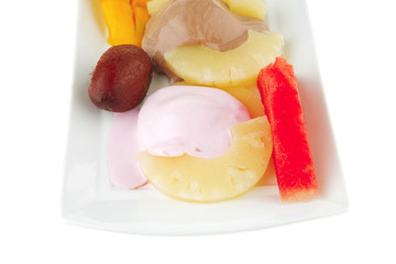 ice cream and gruits on plate