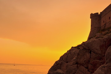 Sunset on city walls in Dubrovnik, Croatia