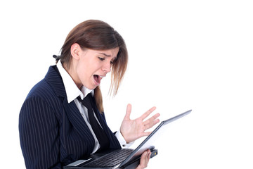 Crisis stressed businesswoman with laptop isolated on white