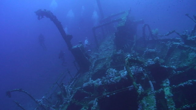 Technical divers exploring the Red Sea shipwreck the Aida,