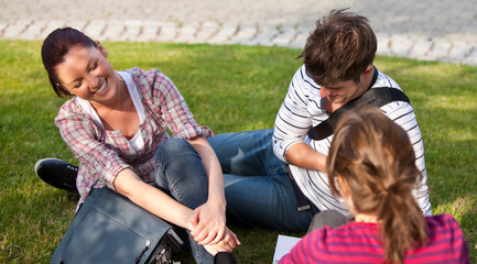 Laughing couple of students sitting on grass talking with a fema