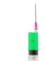 Syringe with green medicine with space for text