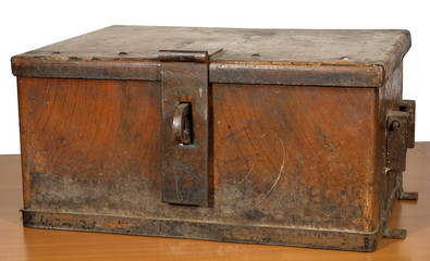 Vintage strongbox of brown color without the lock.