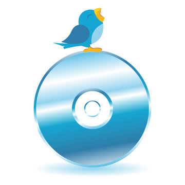 Bird tweeting on top of a CD over white
