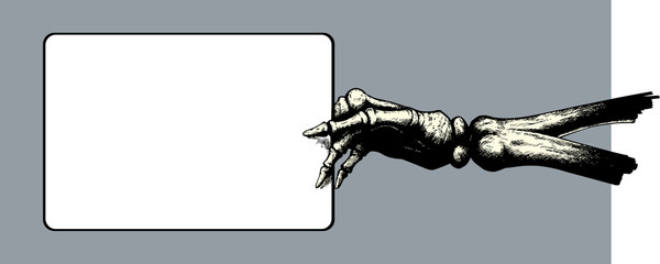 Skeleton hand holding a sign.