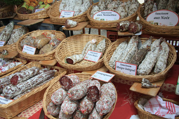 Sausages in wicker baskets on a French market
