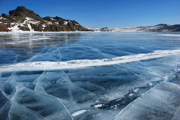 Surface of transparent fissured black ice of frozen lake
