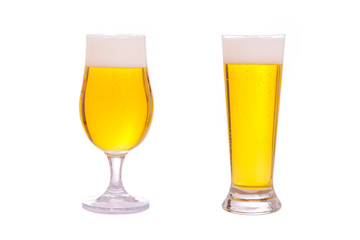 Two diferent glasses of beer on a white background