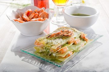 lasagne with shrimp & pesto-lasagne gamberi pesto