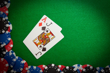 Blackjack winning hand on green casino felt