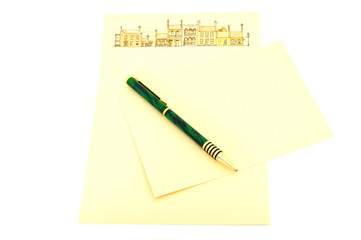 writing paper envelope and pen isolated on white