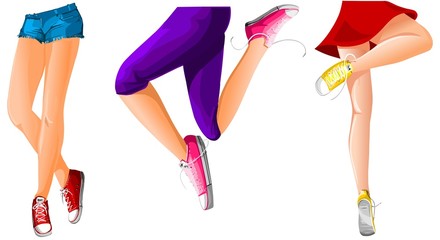 Three different women legs in sneakers.