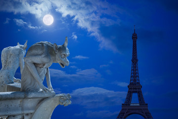 Notre Dame Chimeras and Eiffel tower under the moon of Paris