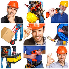 Young workers and engineer with tools.