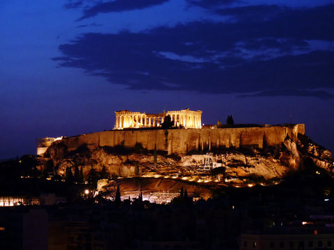 Acropolis lit in the twilight