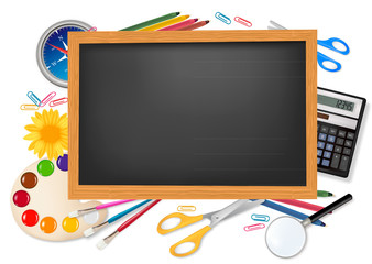 Back to school. Black desk with supplies. Vector.