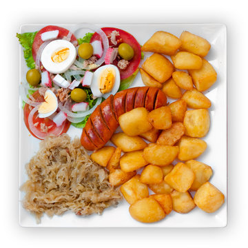 wratwurst with sauerkraut salad and potatoes
