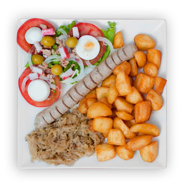 wratwurst with sauerkraut salad and potatoes
