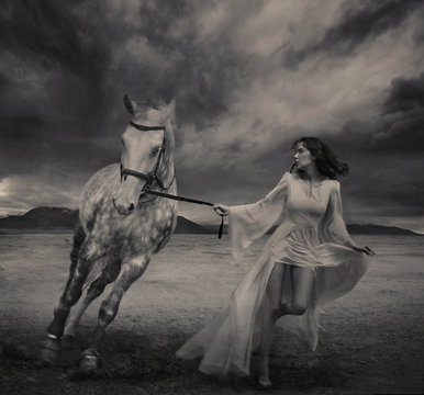 Fine Art Photo Of A Young Beauty Running With A Horse