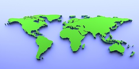 3D render blue and green world map