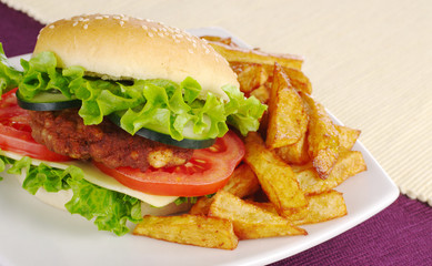 Hamburger with French fries (Selective focus)
