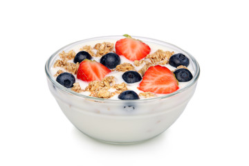 Bowl of yoghurt, with muesli and fruit