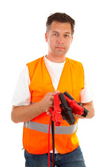 man in safety vest over white background
