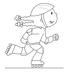 Bambina con pattini a rotelle in linea. BN