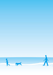 海岸を散歩する家族
