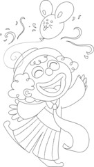 Pagliaccio allegro con palloncino e coriandoli.BN