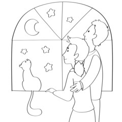 Coppia con gatto che guarda le stelle BN