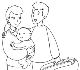 Coppia con neonato e valigia BN