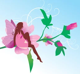 Foto op Plexiglas fee op roze bloem zitten © Cherju
