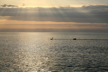 Obraz premium Diver in the sea and romantic sunset. Sardinia, Italy.