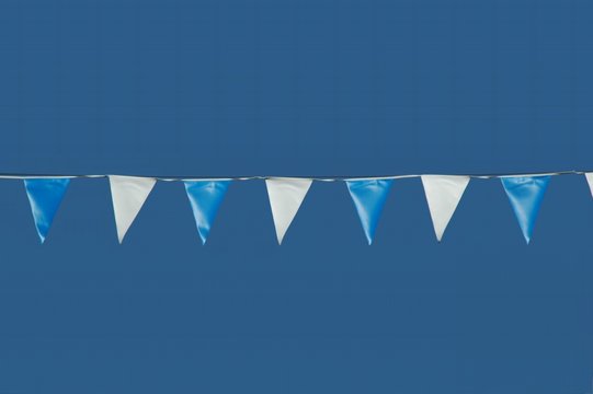 line of blue and white pennants