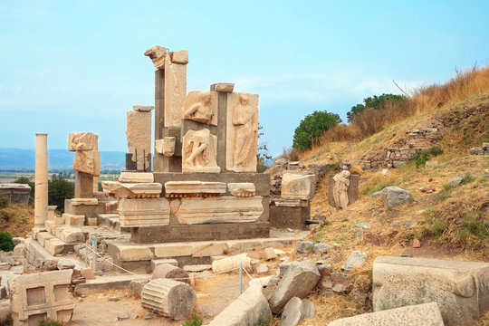 Ruins of statues in ancient city of Ephesus