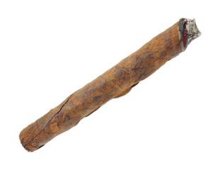 Lit cigar on white background