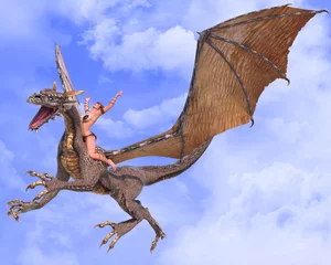 Foto op Plexiglas Draken dame draak handen omhoog blauwe lucht