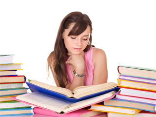 Girl with pile colored book. Isolated.