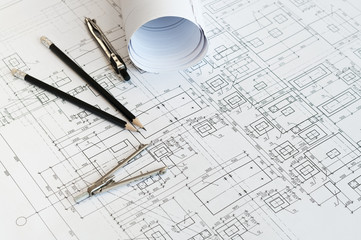 Design and working drawings with pencils and compasses