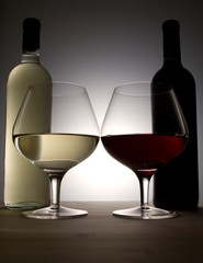 two bottles of different wines and glasses
