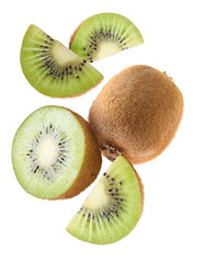 Fototapeta premium Falling kiwi fruit and kiwi slices.