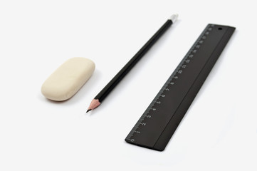 erasers, pencil, ruler