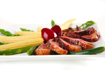 beef meat served with corns
