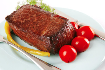 meat block on blue dish