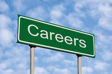 Careers Green Road Sign Over Light Cloudscape Sky